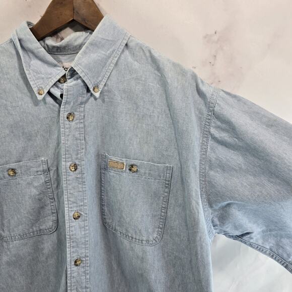 Carhartt Shirt Men Large Short Sleeve Button Up Denim Chambray Jean Collared - Picture 10 of 15